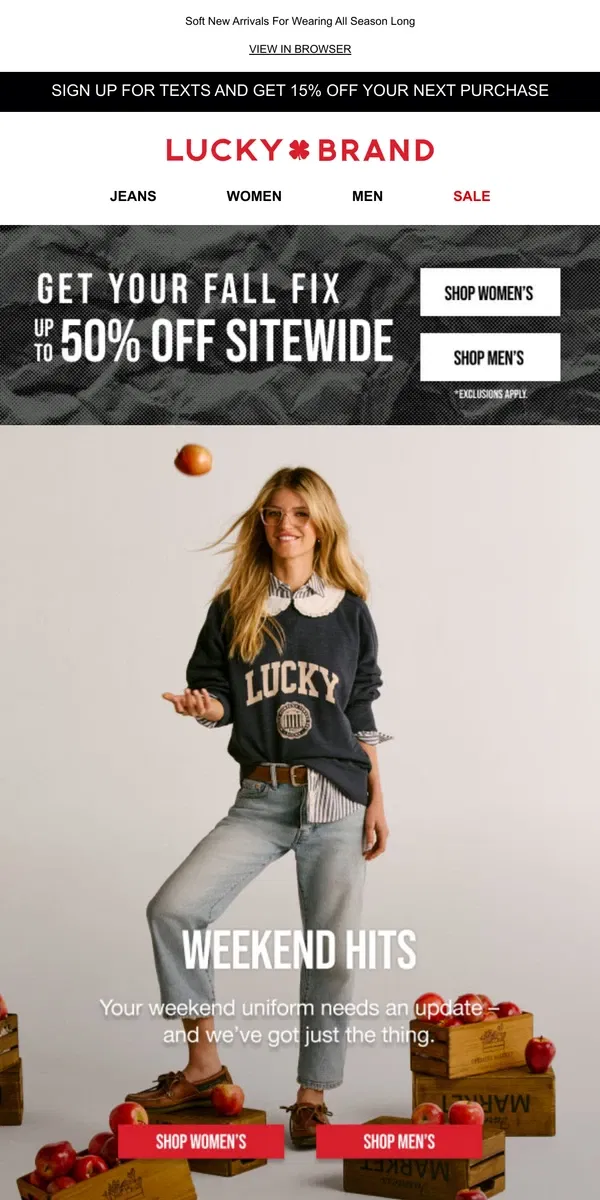 Email from Lucky Brand. Your Weekend Uniform + Up To 50% Off Inside…