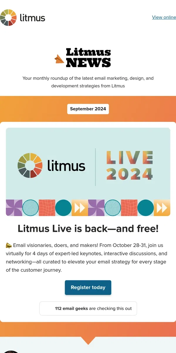 Email from Litmus. Where to find email geeks from October 28-31🗓️