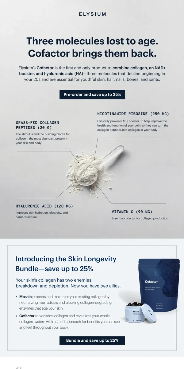 Email from Elysium Health. What makes Cofactor the first collagen product of its kind?