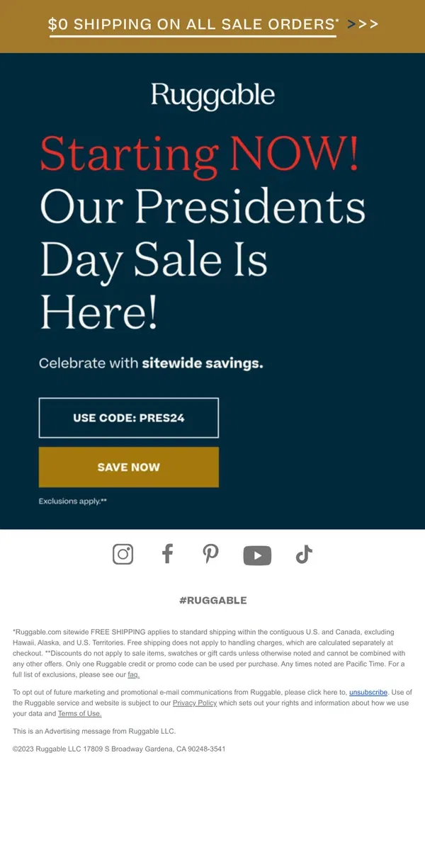 Email from Ruggable. Our Presidents Day Sale Starts NOW!