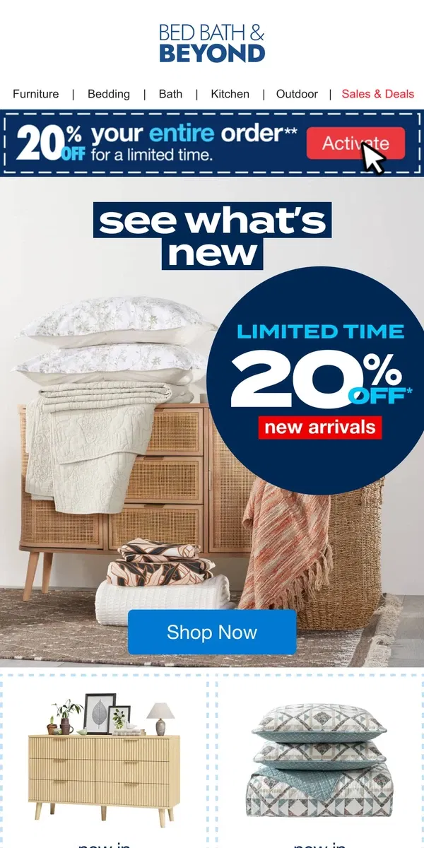 Email from Bed Bath & Beyond. Take 20% off Your ENTIRE ORDER* & See What’s New ✨