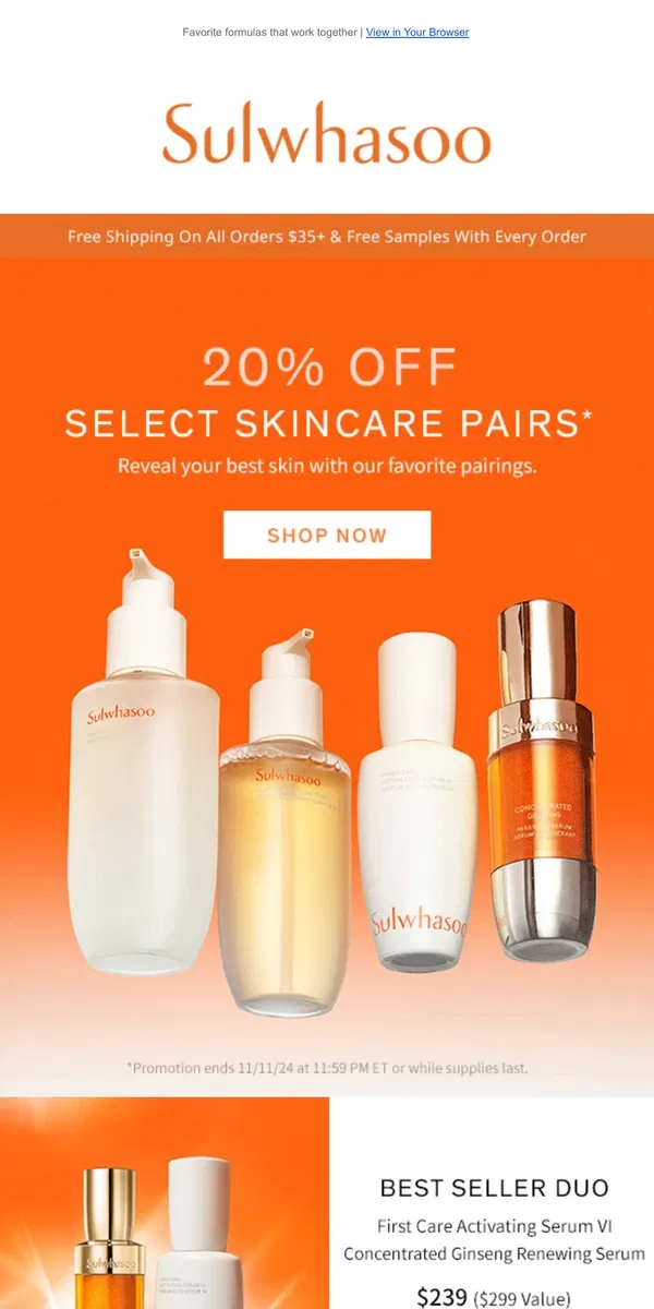 Email from Sulwhasoo. 20% Off: Select Skincare Pairs