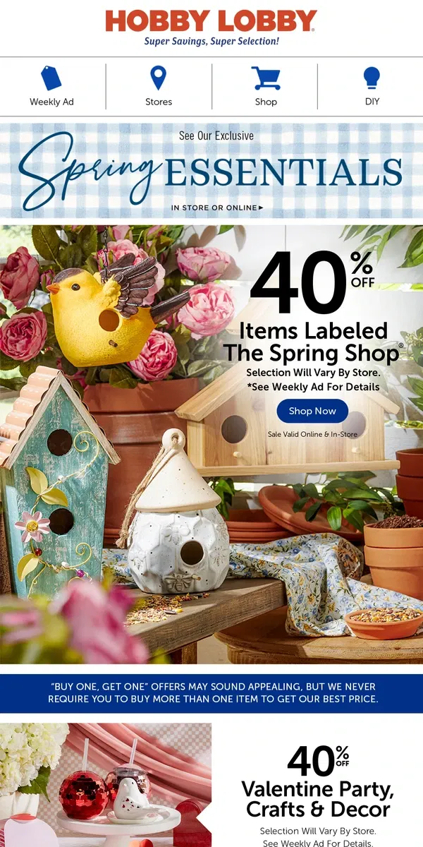 Email from Hobby Lobby. Enjoy 40% Off Charming Spring Birdhouses!