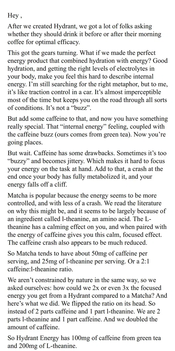 Email from Hydrant. Our Energy formula is not like the rest!