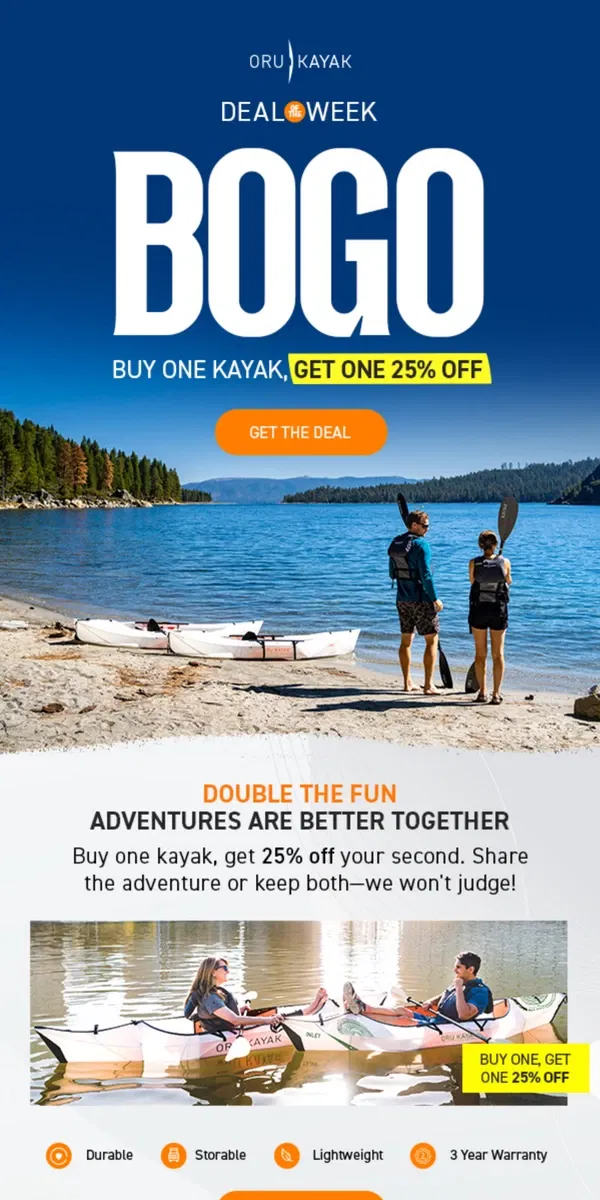 Email from Oru Kayak. BOGO 🚨 Buy One Kayak Get One 25% Off