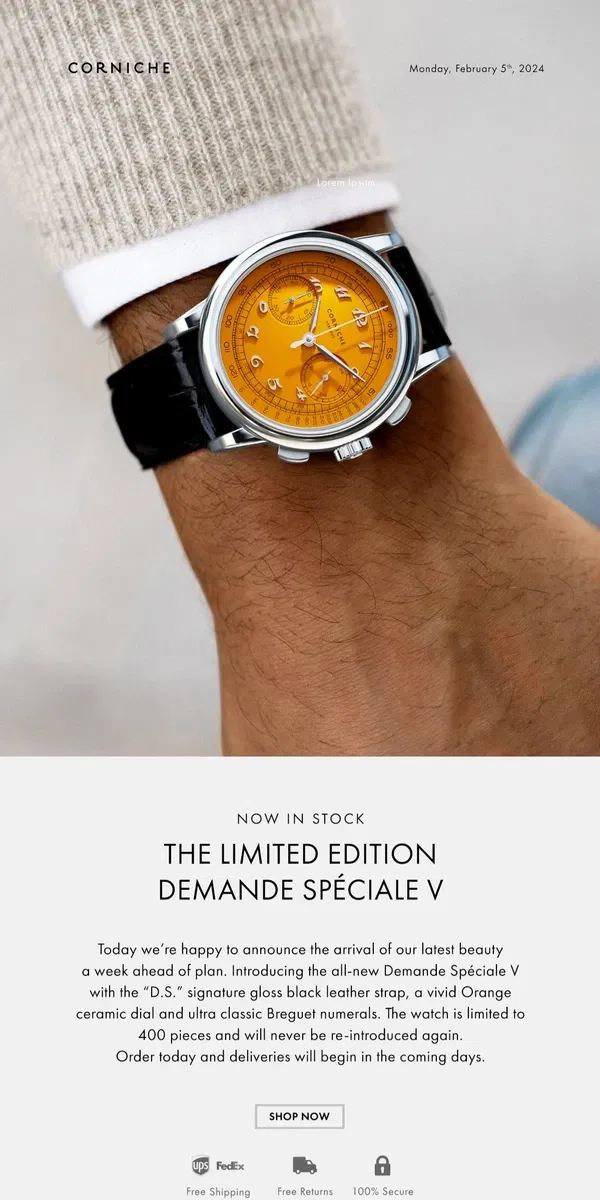 Email from Corniche Watches. Now In Stock. The Limited Edition Demande Spéciale V.