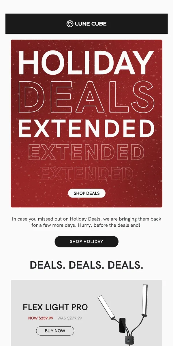 Email from Lume Cube. DEALS DEALS DEALS