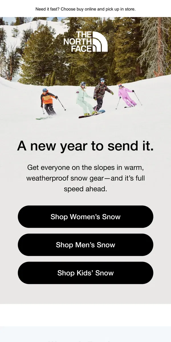 Email from The North Face. Top snow gear for the whole family