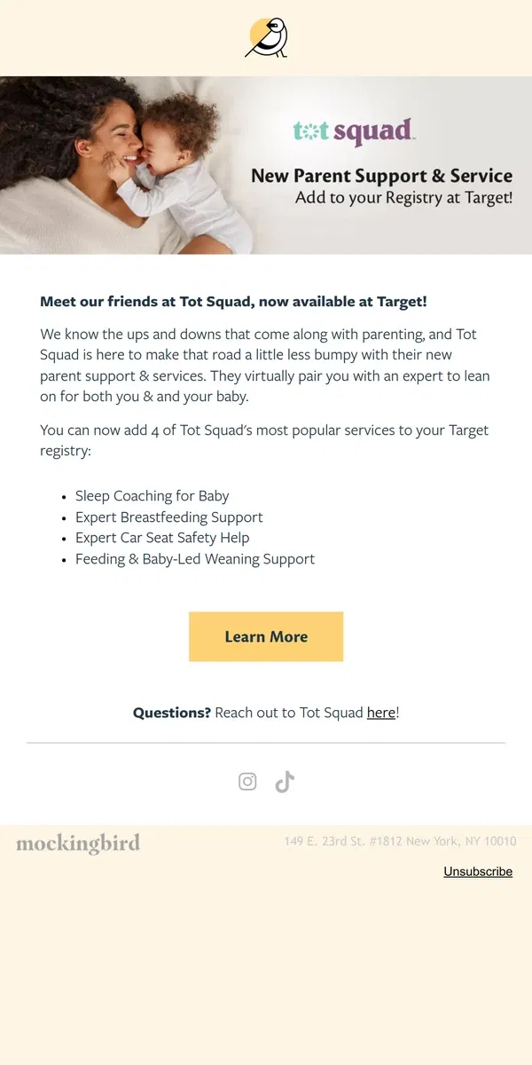 Email from Mockingbird. Building your registry at Target? 🎯