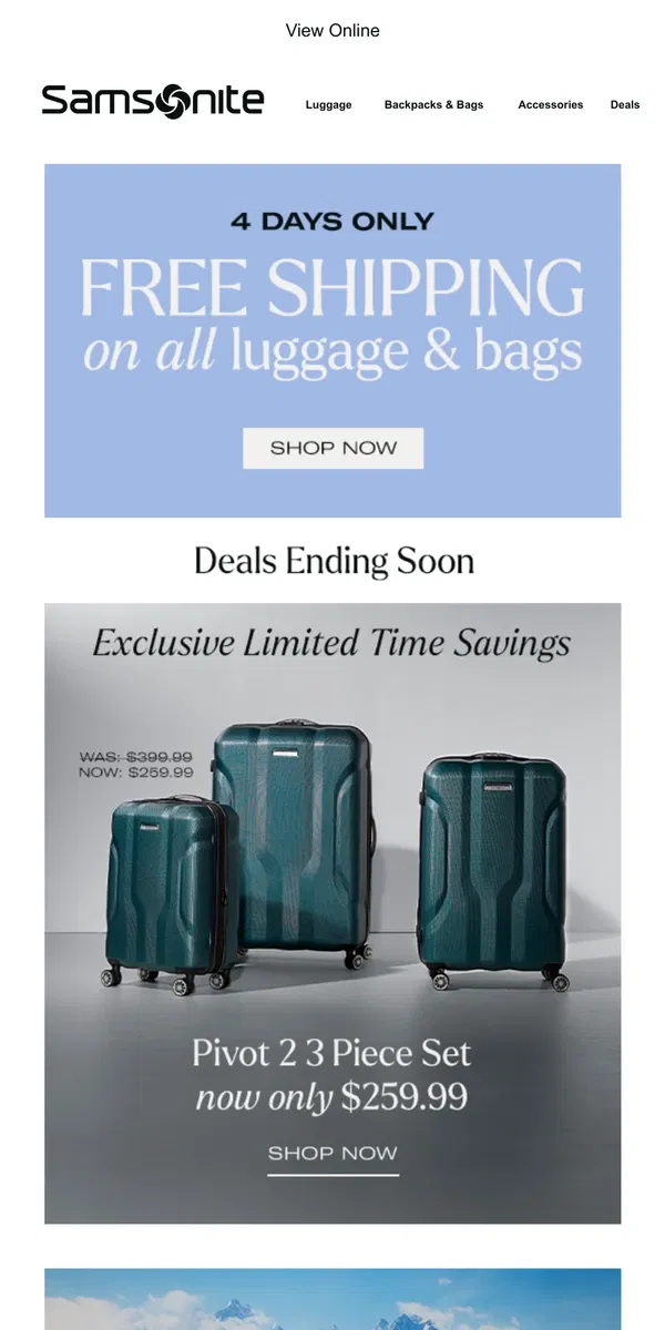 Email from Samsonite. THIS WEEKEND ONLY: Free Shipping On ALL Luggage & Bags!