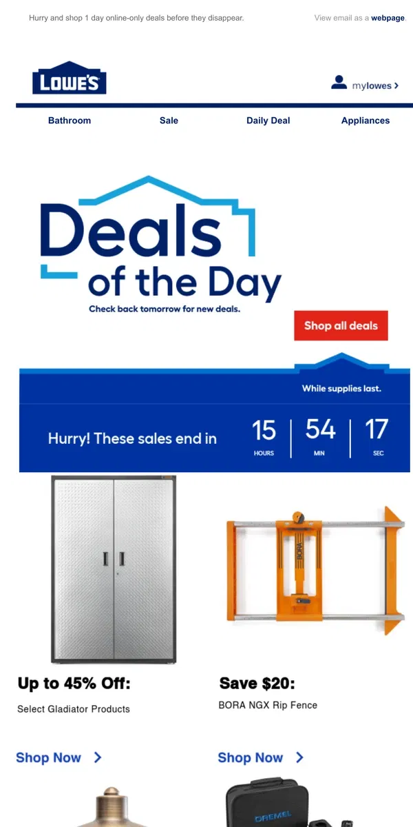 Email from Lowe's. LIMITED TIME deals, just for today.