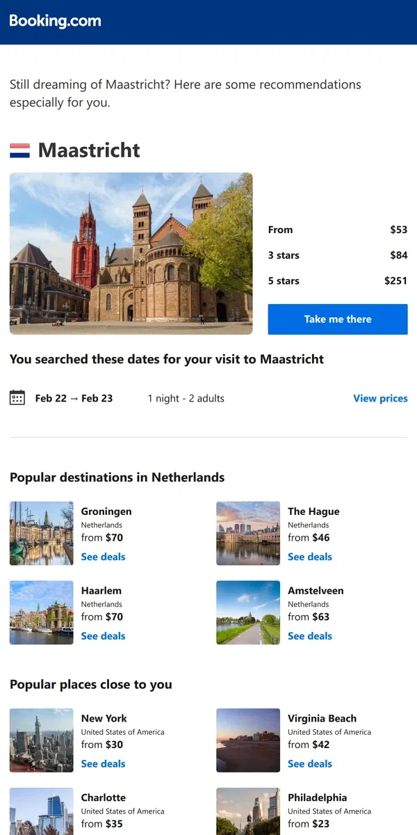 Email from Booking.com. Deals in Maastricht from $53 for February