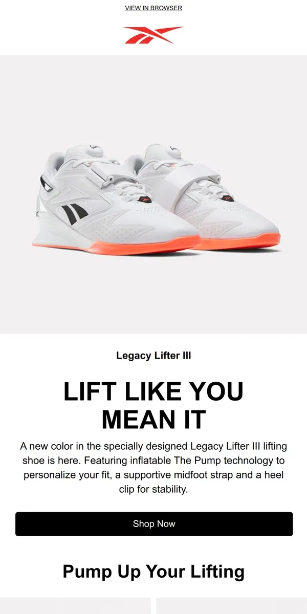 Email from Reebok. Lift heavy (and heavier) in new shoes