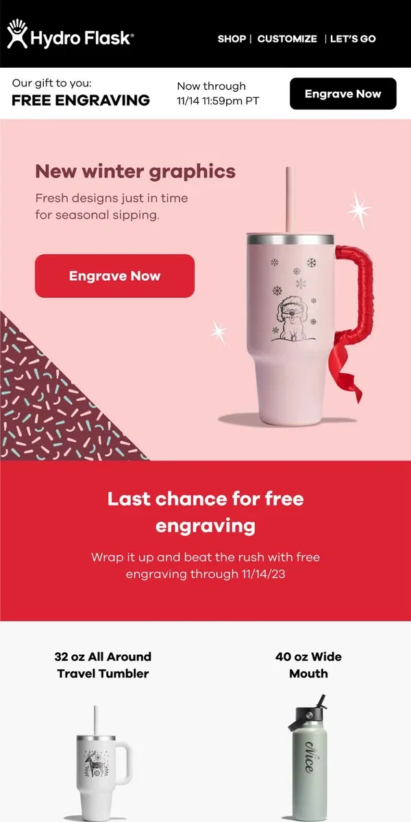 Email from Hydro Flask. New winter graphics are here