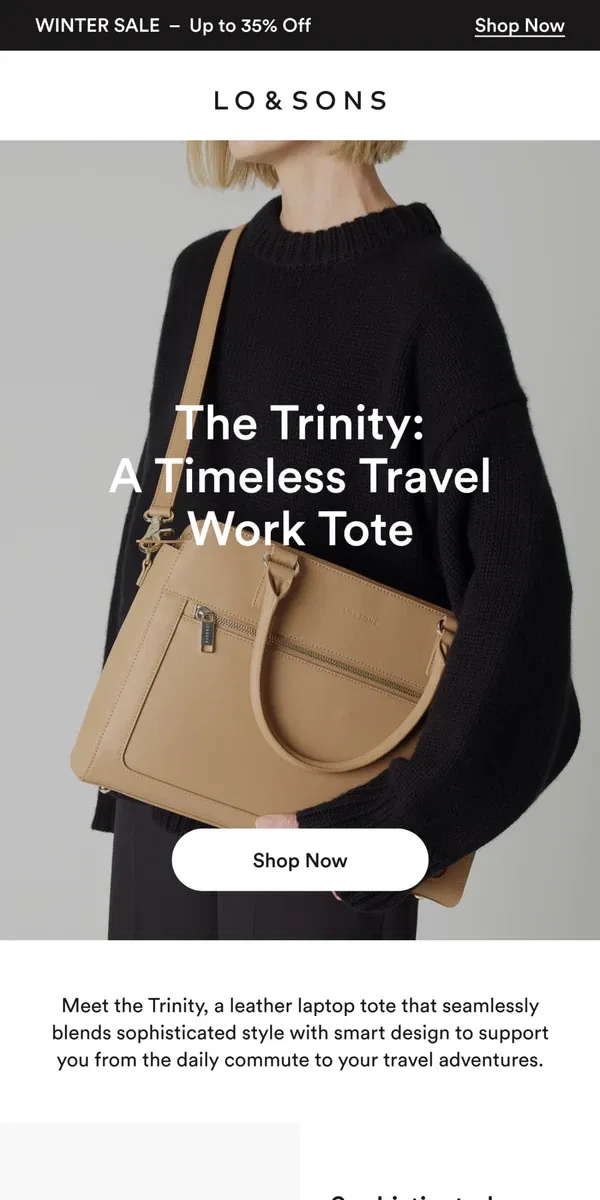 Email from Lo & Sons. Reintroducing the Trinity, A Timeless Leather Work Tote