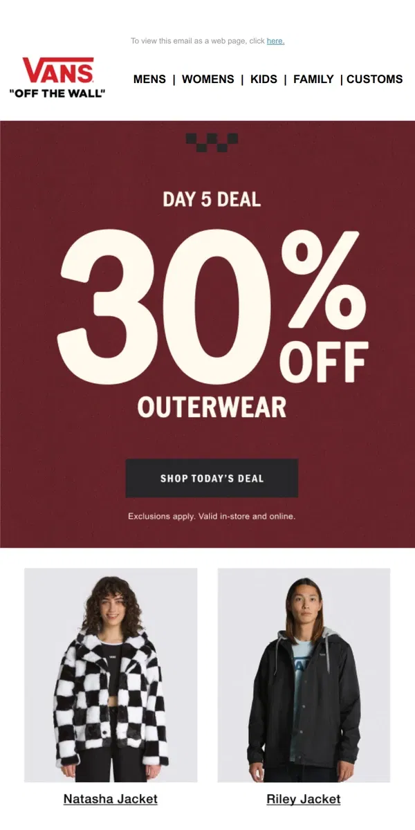 Email from Vans. TODAY ONLY: 30% Off Outerwear