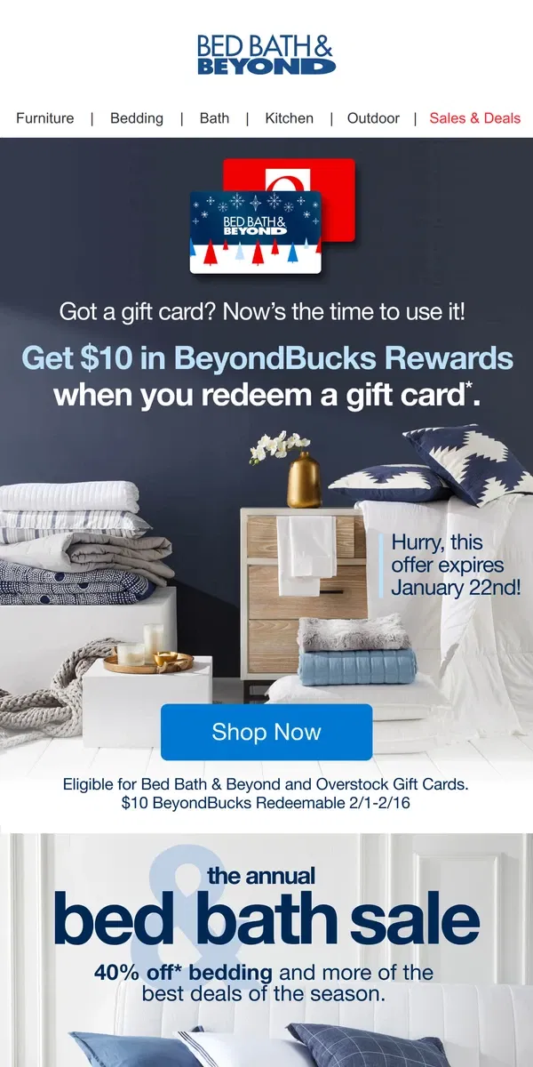 Email from Bed Bath & Beyond. Got a Gift Card? Use it & Get $10 in BeyondBucks Rewards 🤑 