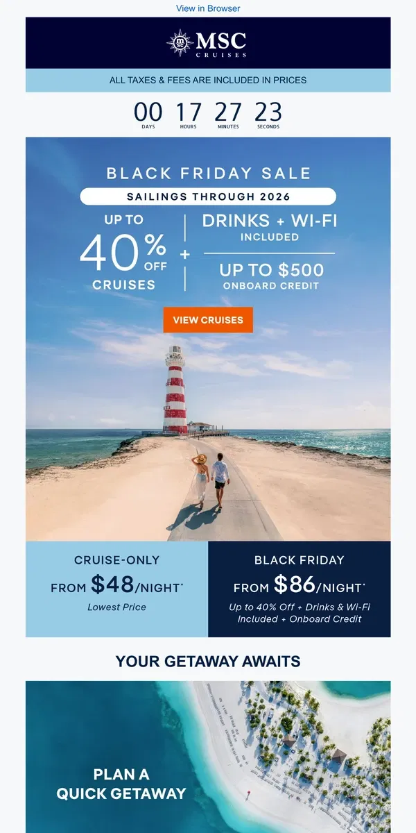 Email from MSC Cruises. [Name], Black Friday Savings End Today!