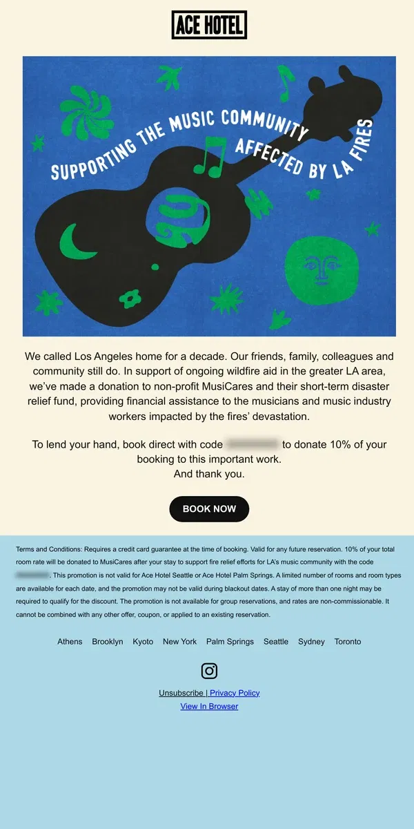 Email from Ace Hotel. Los Angeles wildfire relief