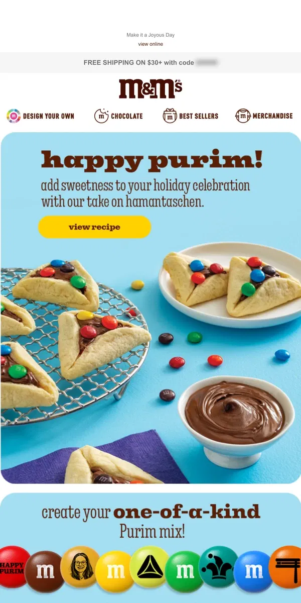 Email from M&M's. Sweeten Your Purim Celebration