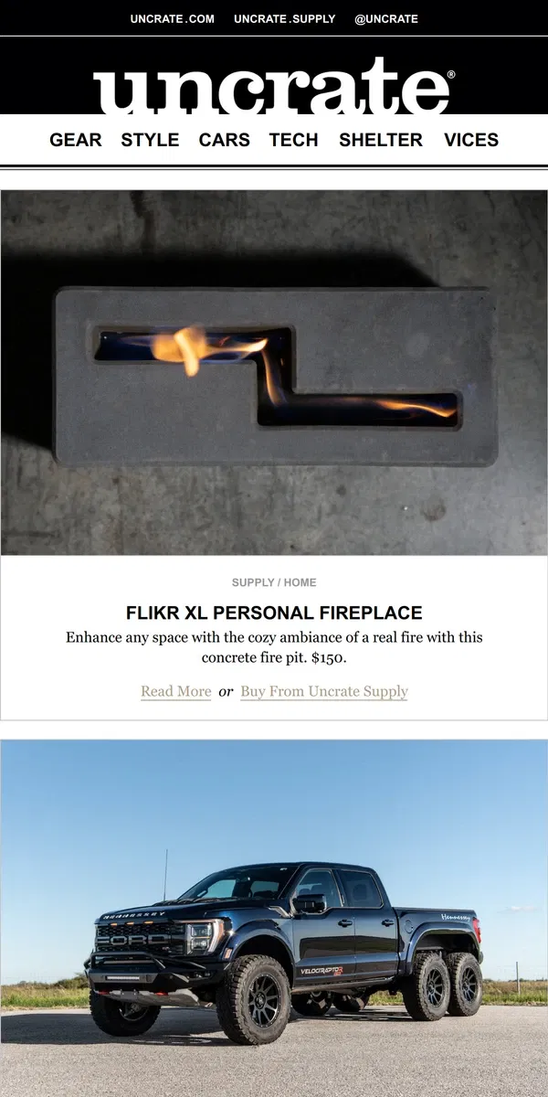 Email from Uncrate. Flikr XL Personal Fireplace & more