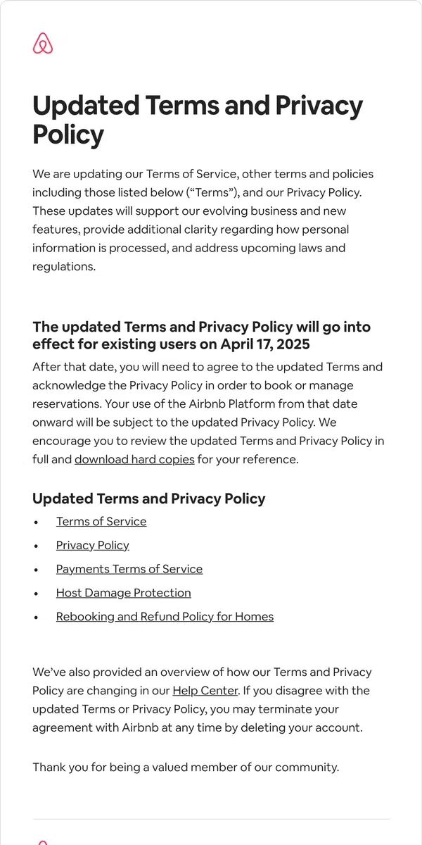 Email from Airbnb. We’re updating our Terms and Privacy Policy