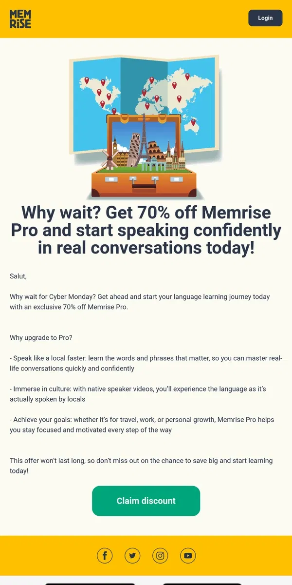 Email from Memrise. Cyber Monday has arrived early: get 70% off Memrise Pro!