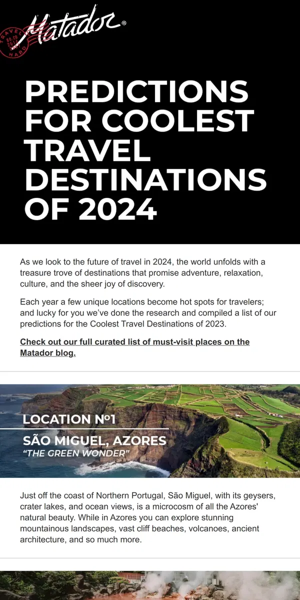 Email from Matador. 2024: Top Travel Destinations