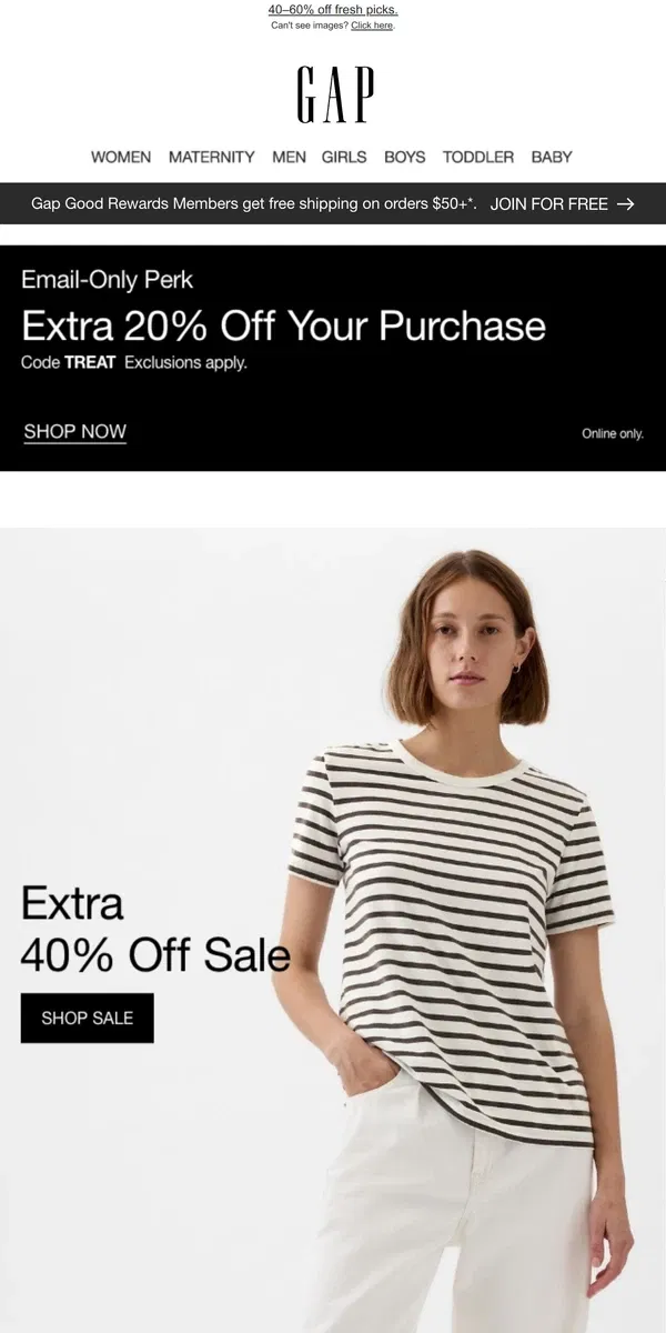 Email from GAP. As a thank you: an EXTRA 40% off SALE + 40–60% off MORE