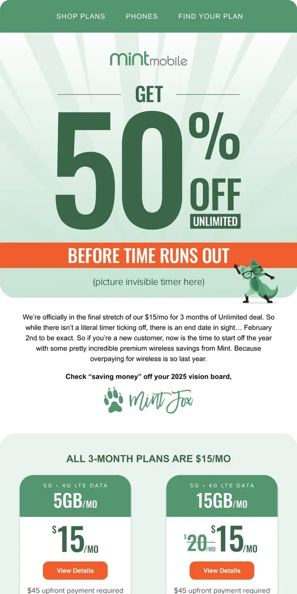 Email from Mint Mobile. The countdown for 50% off Unlimited is on