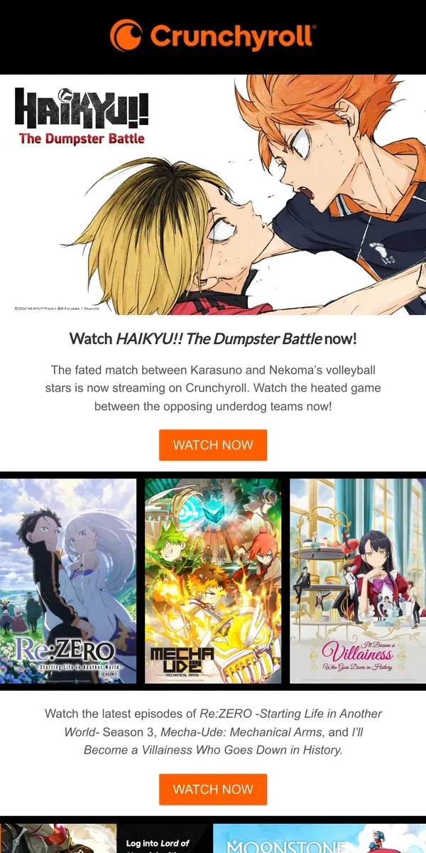 Email from Crunchyroll. Fly High With HAIKYU!! The Dumpster Battle!