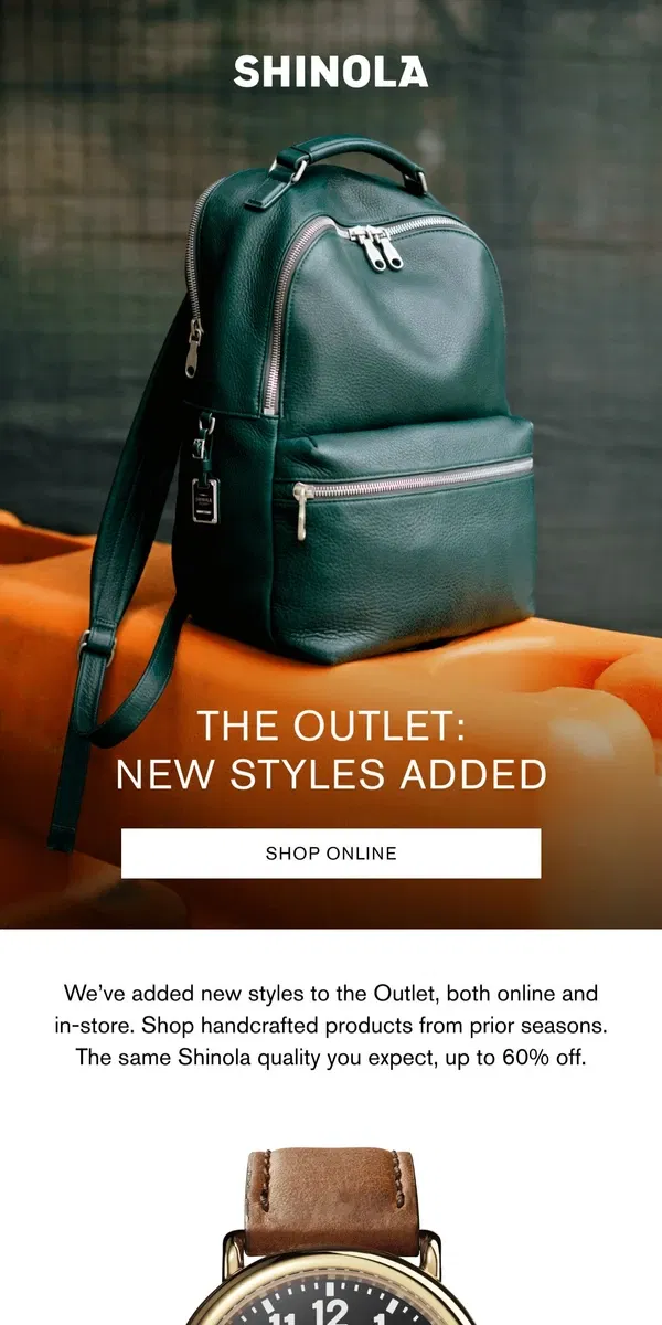 Email from Shinola Detroit. The Outlet: New Styles Added