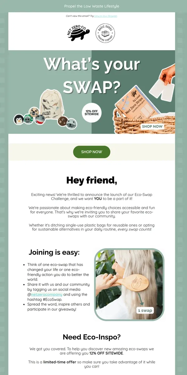 Email from Net Zero Co.. Eco-Swap Challenge & Make a Difference Today!😍