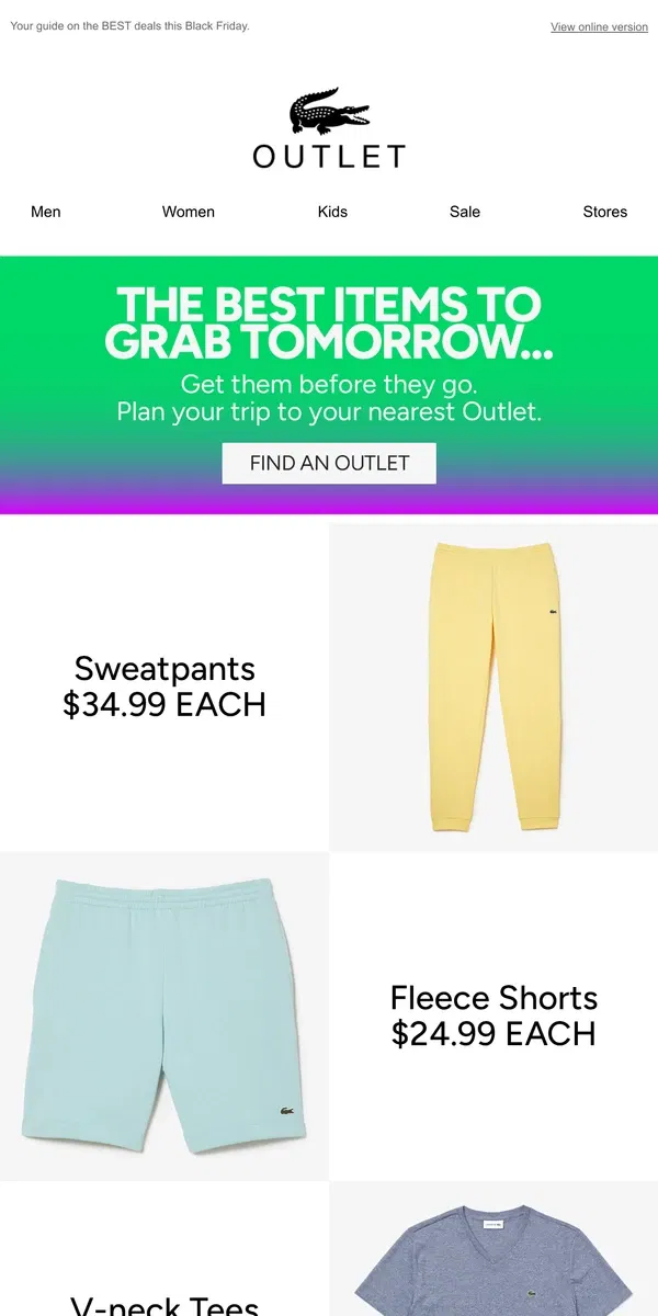 Email from Lacoste. LACOSTE OUTLET: BLACK FRIDAY DOORBUSTERS STARTING TOMORROW