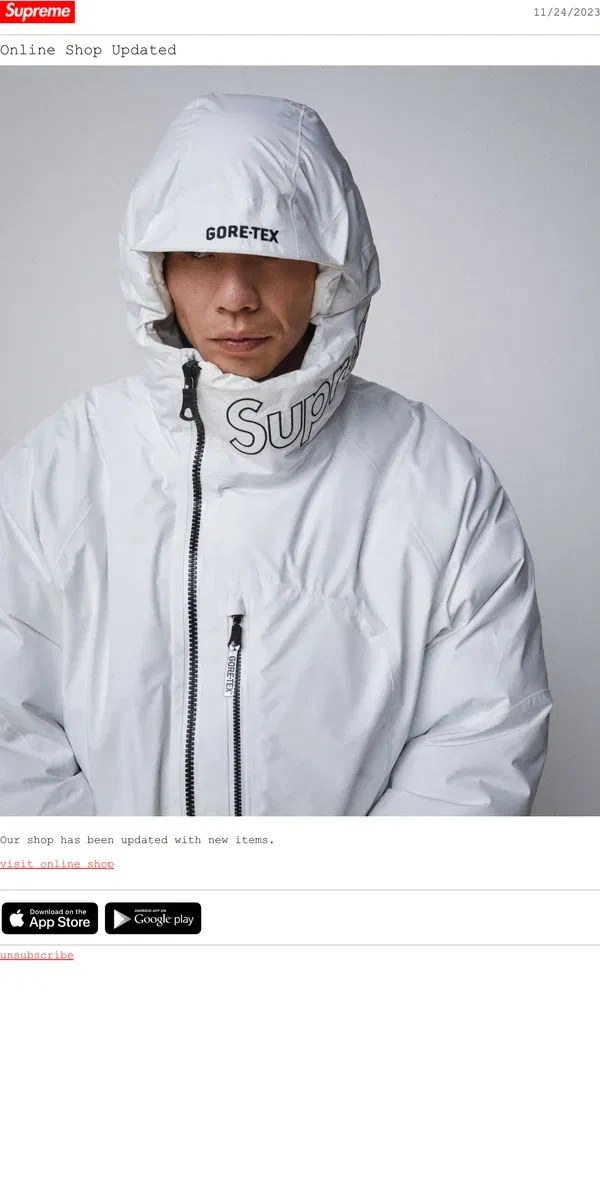 Email from Supreme. Online Shop Update