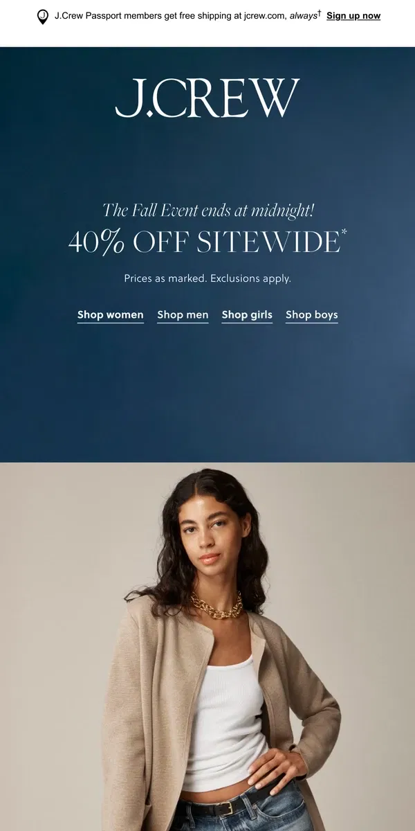 Email from J.Crew. Last hours: 40% off sitewide