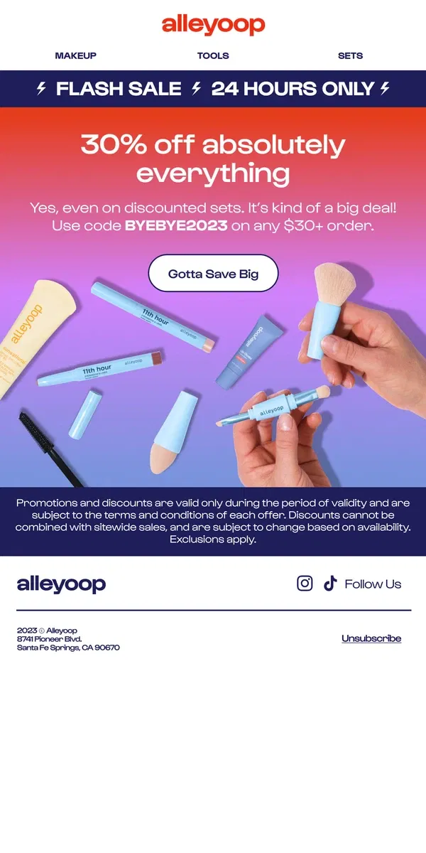 Email from Alleyoop. Huge flash sale ends tonight! 🥳