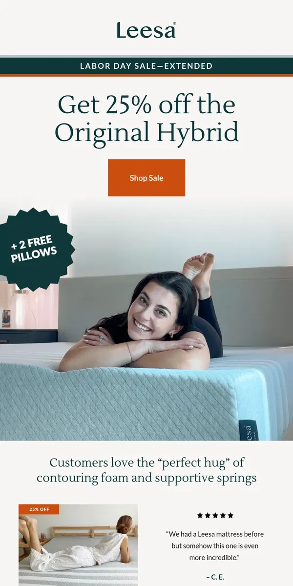 Email from Leesa. Shop our value hybrid with the Original Hybrid mattress