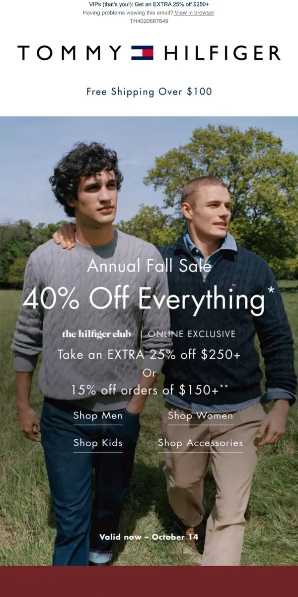 Email from Tommy Hilfiger. It's our Annual Fall Sale 🍁 Take 40% off everything for him