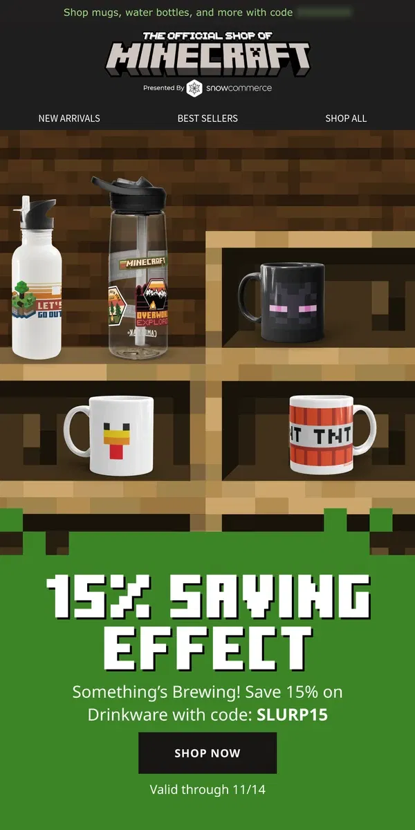 Email from Minecraft. Something's Brewing ☕ 15% Off Drinkware!