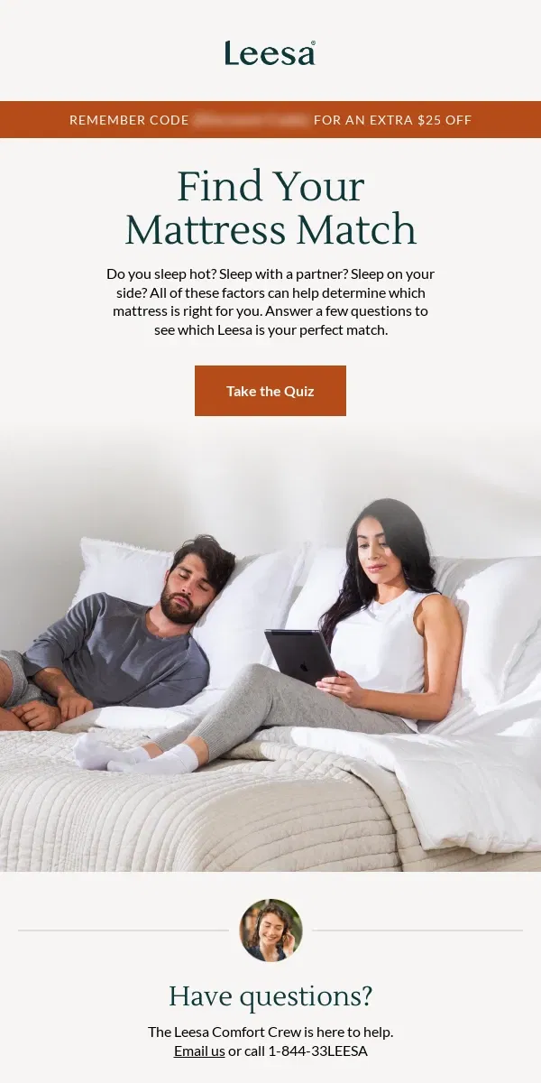 Email from Leesa. Find your perfect match with our Mattress Quiz