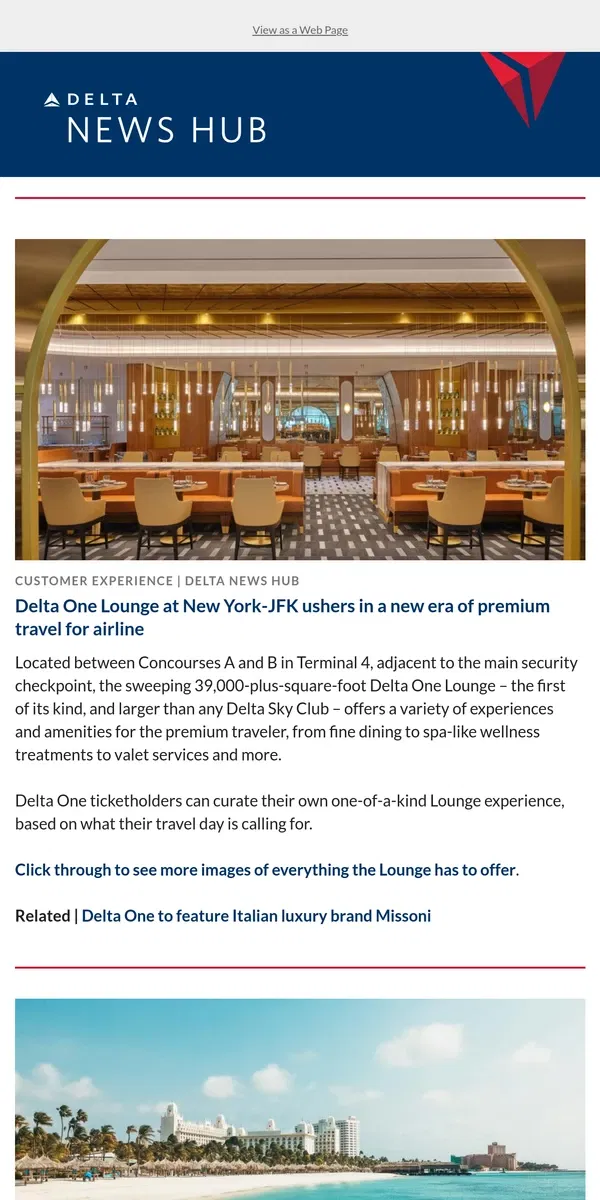 Email from Delta Air Lines. Experience luxury: New Delta One Lounge at New York-JFK