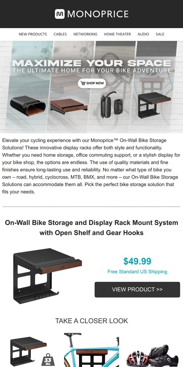 Email from Monoprice. Introducing Our NEW Modern Bike Storage Solutions! 🚲