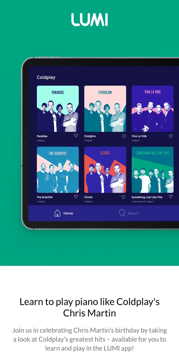 Email from LUMI. Celebrating Chris Martin's birthday with Coldplay songs in the LUMI app