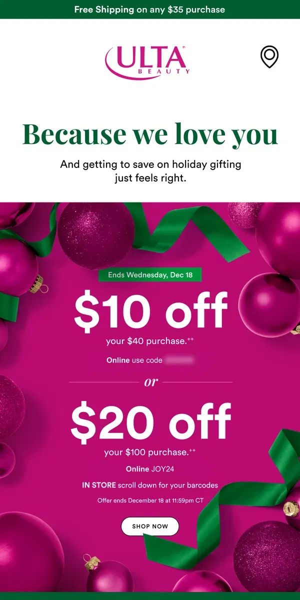 Email from Ulta Beauty. $20 off $100 or $10 off $40 ⏰ Time to finish your shopping list