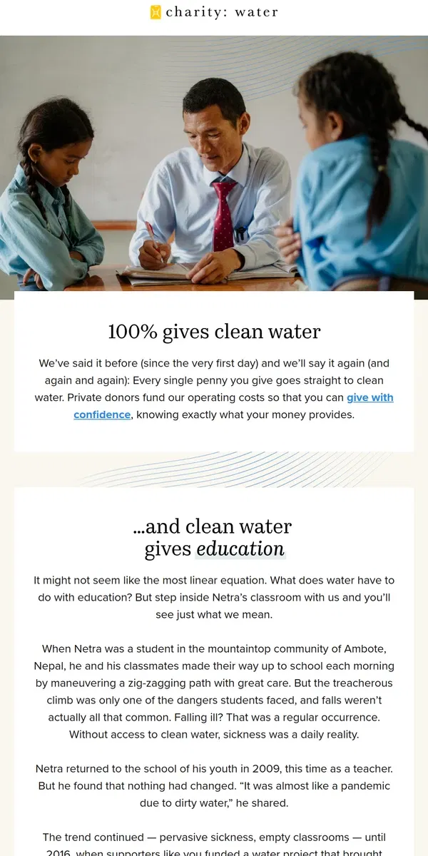 Email from charity: water. Clean water + education = bigger dreams x brighter futures