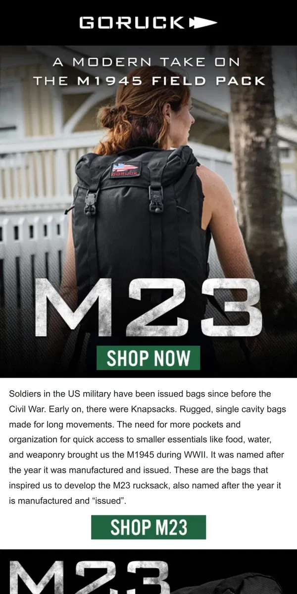 Email from GORUCK. Introducing the M23 Rucksack