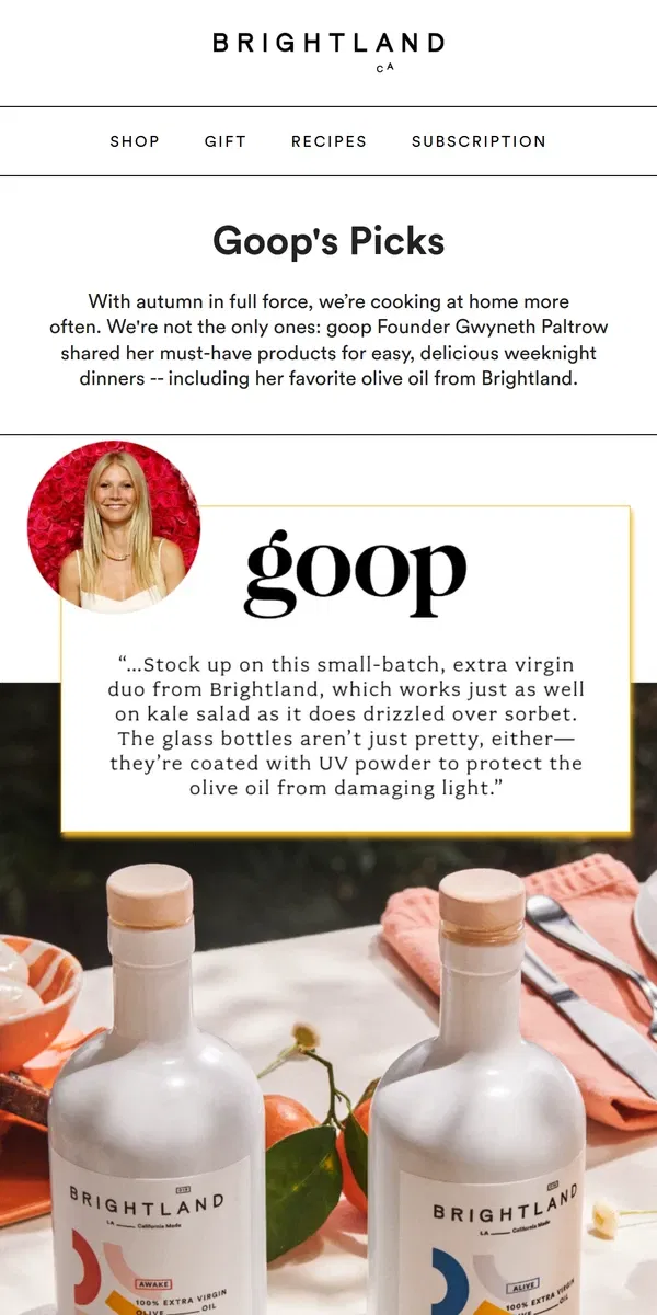 Email from Brightland. Gwyneth Paltrow's favorite olive oil