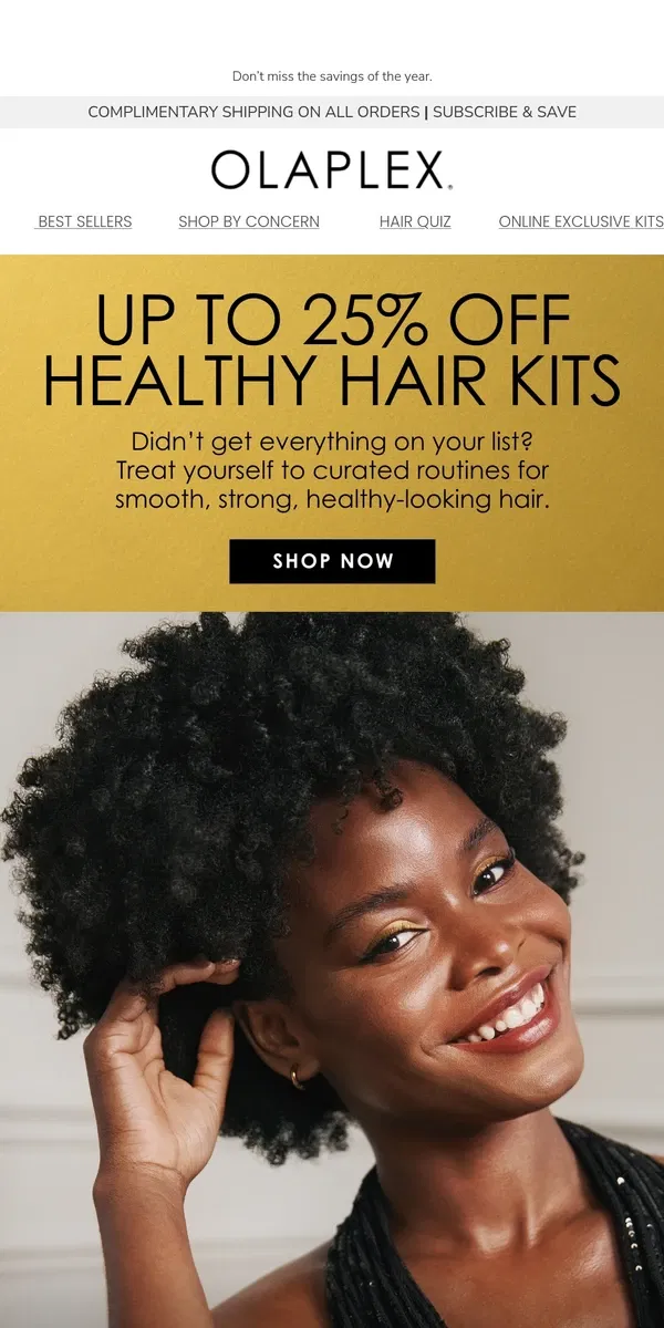 Email from OLAPLEX. Boxing Day Treat: 25% Off Healthy Hair Kits 🎁