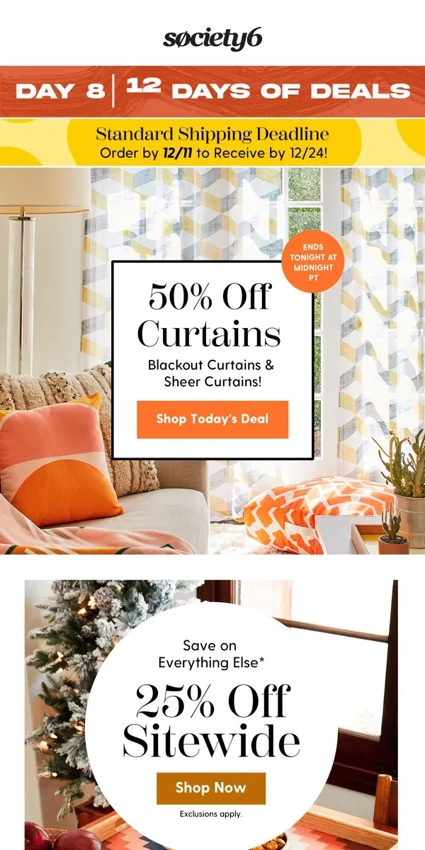 Email from Society6. Silent Night: Get 50% Off On Blackout Curtains + More. 🌟